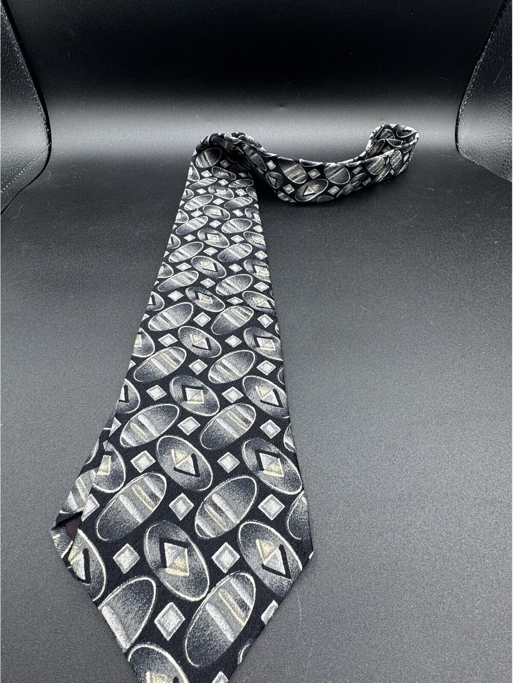Vintage Henry Grethel 100% Silk Tie Geometric Abstract Gray Black Printed Italy